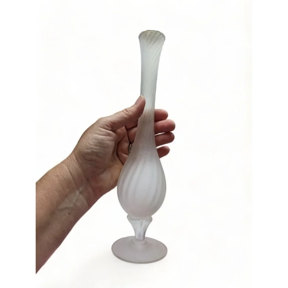 Vintage Satin Glass Pedestal Rib Swirl Bud Vase 10 3/4